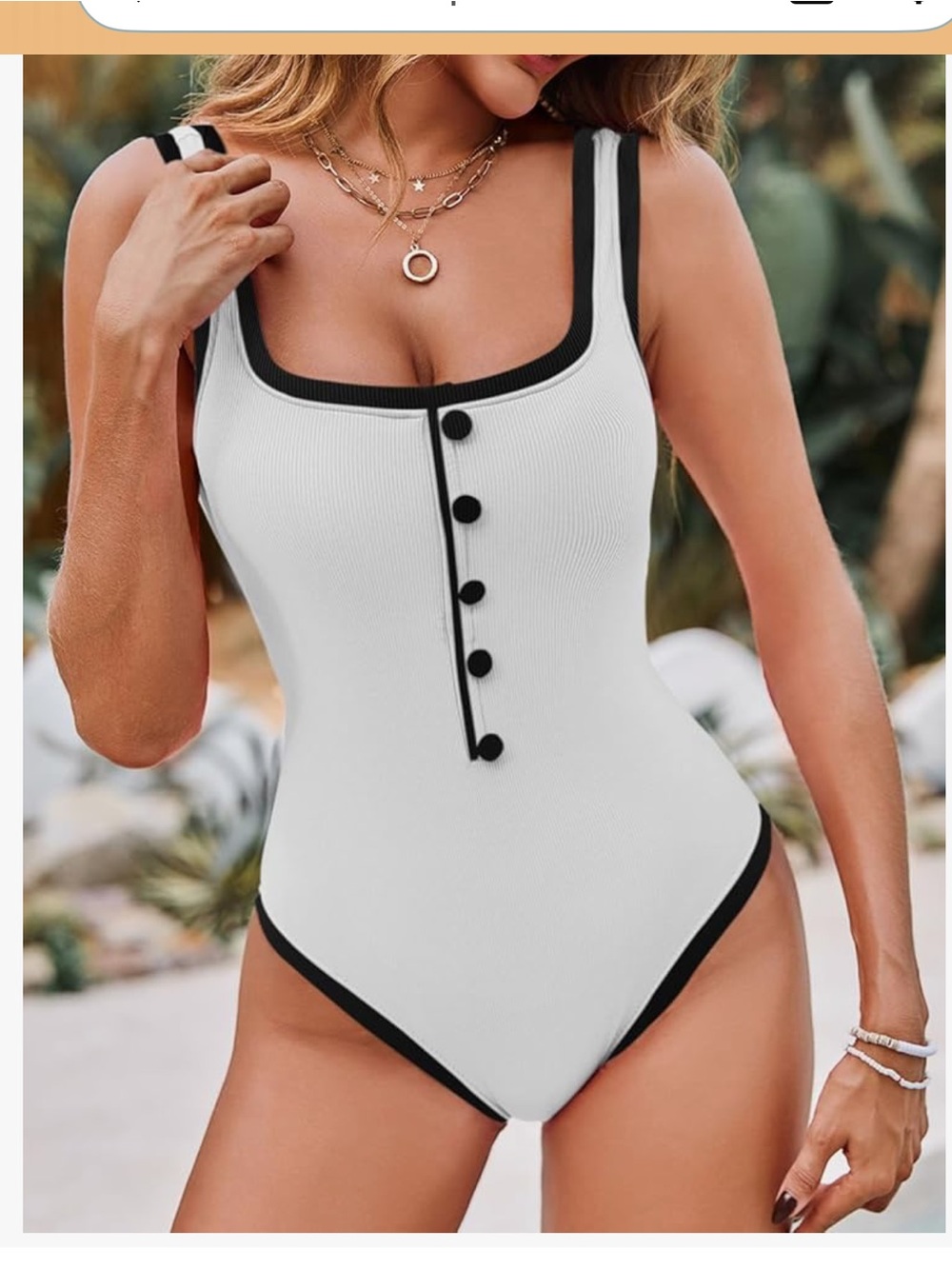 White Ribbed One-Piece Swimsuit with Black Trim. Size XL. NWT.